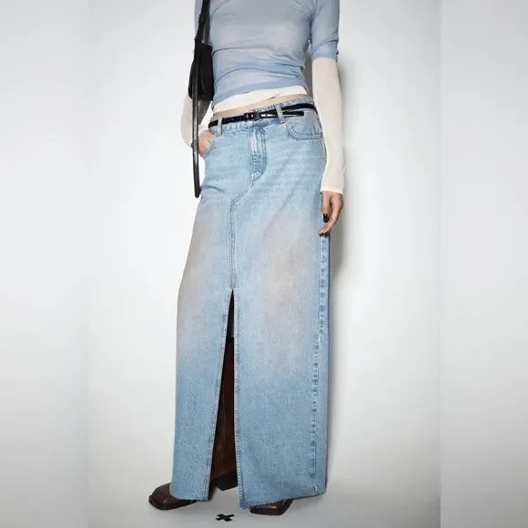 ZARA Z1975 PINK WASHED SLIT DENIM SKIRT - Picture 12 of 13